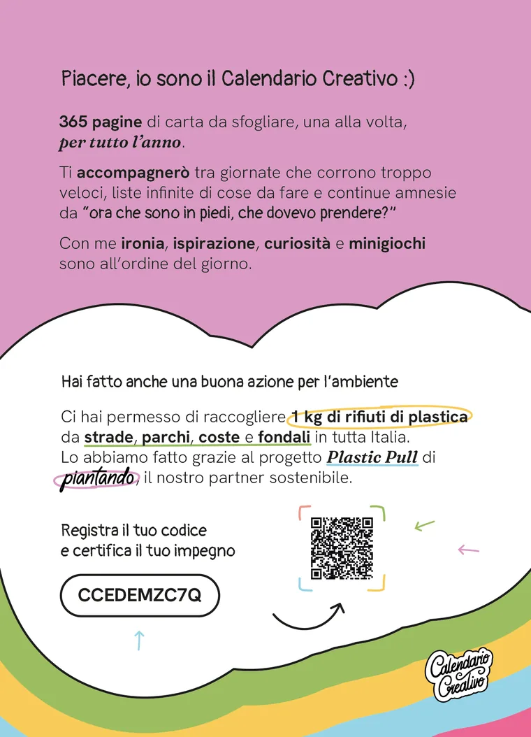 Il flyer dentro la scatola: spiega la raccolta di 1 kg di plastica e riporta il codice univoco con QR